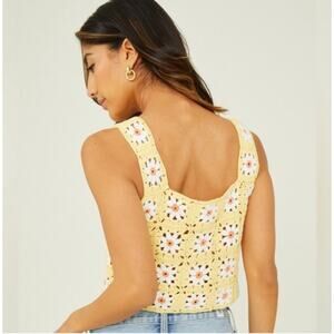 Altar’d State Yellow Crochet Granny Square Floral Crop Top Small Boho Festival